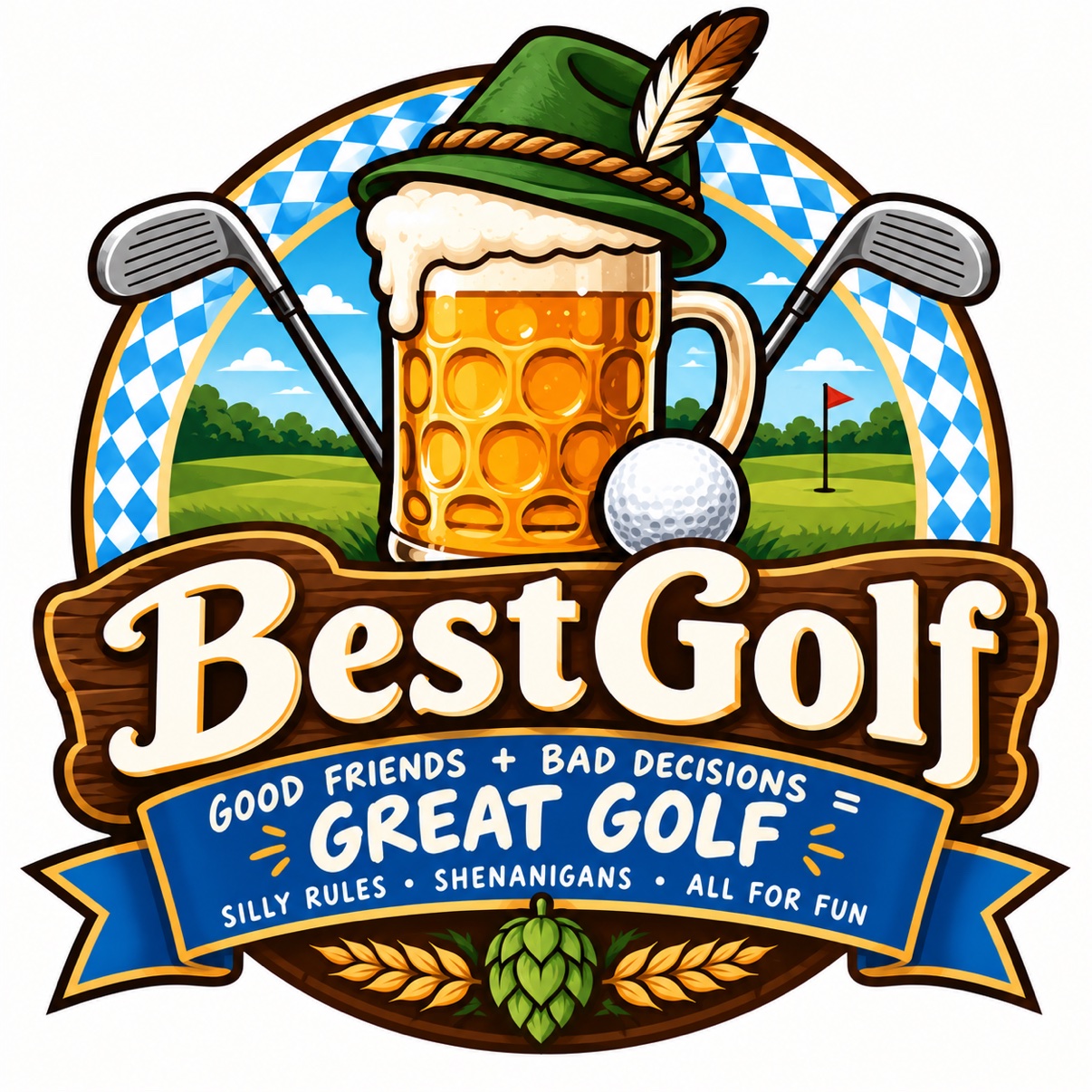 BestGolf logo — a golf ball in a Bavarian hat and sunglasses holding a beer stein and a golf club, with the tagline Good friends + bad decisions = great golf