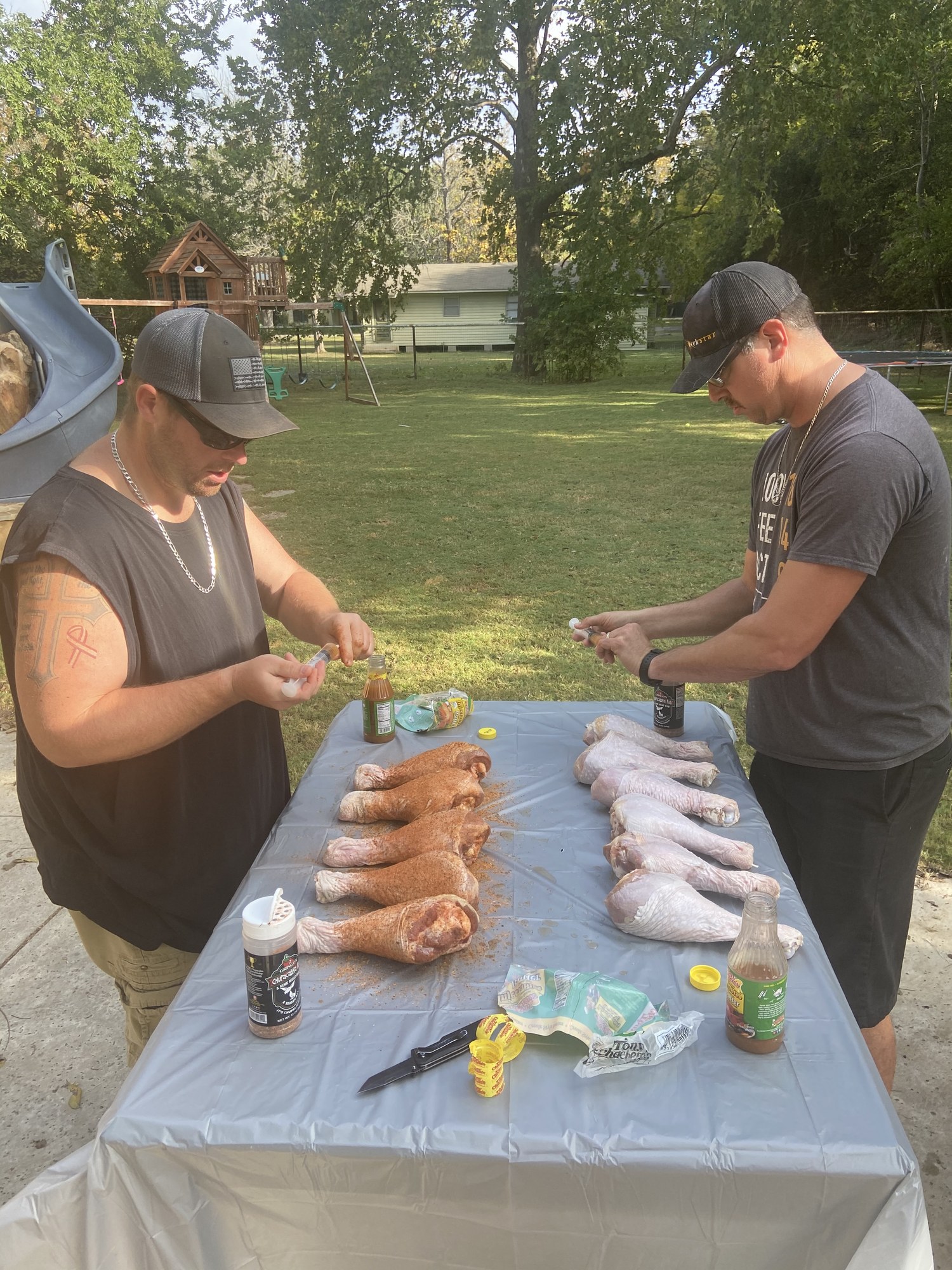 Festival food being prepared on a long table