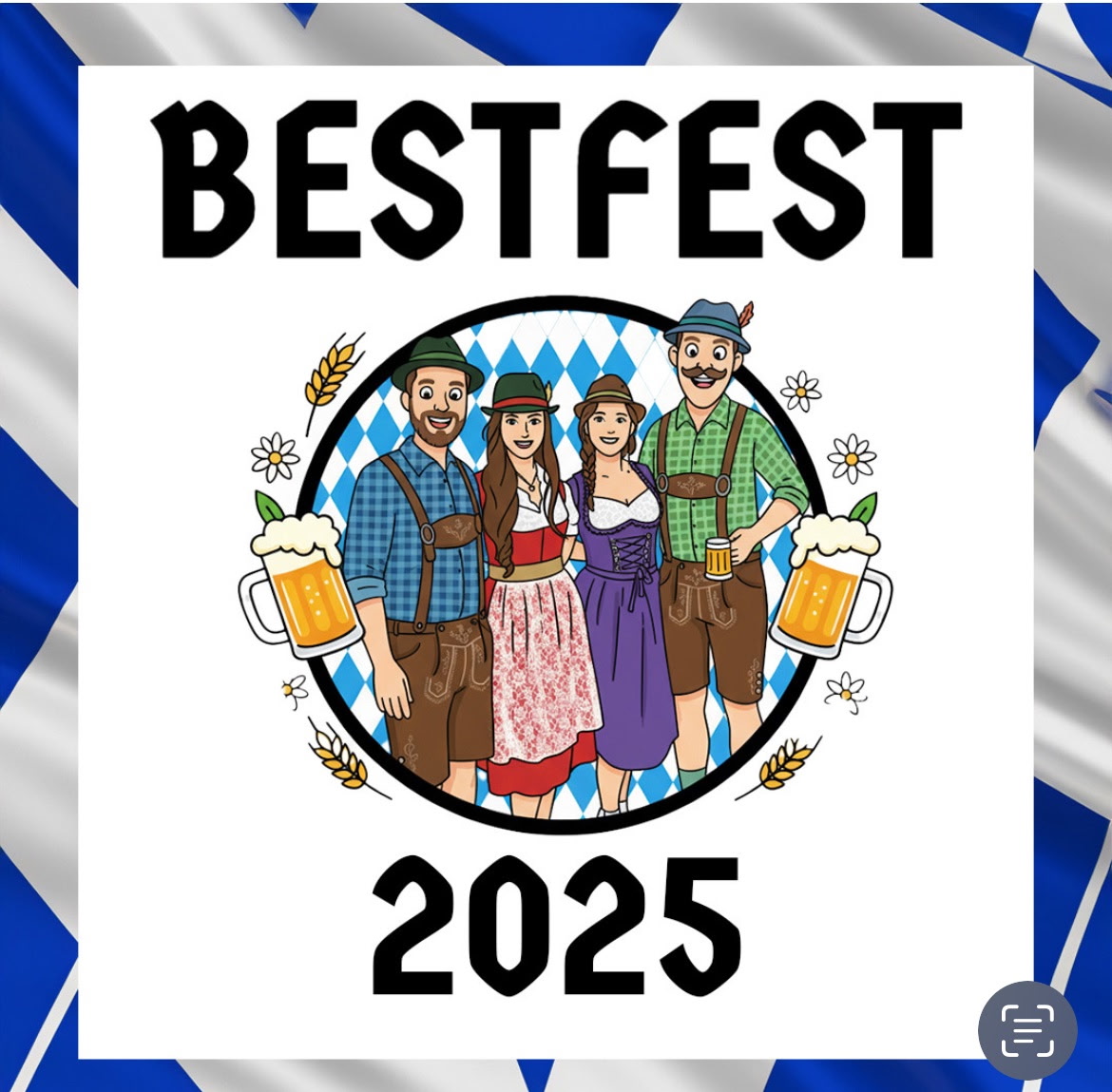 Bestfest 2025 friends in costume with steins logo